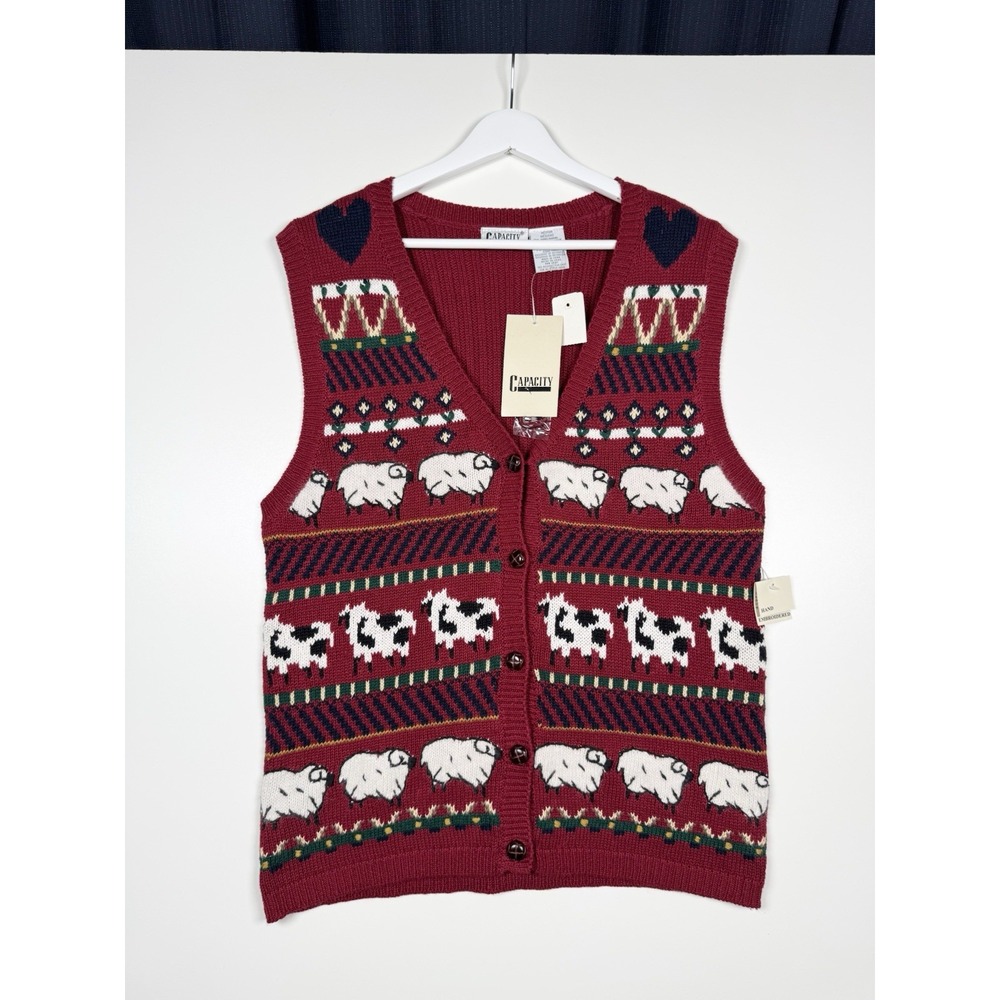 New VTG Capacity Medium Red Sheep Pattern Hand Embroidered Button Up Vest